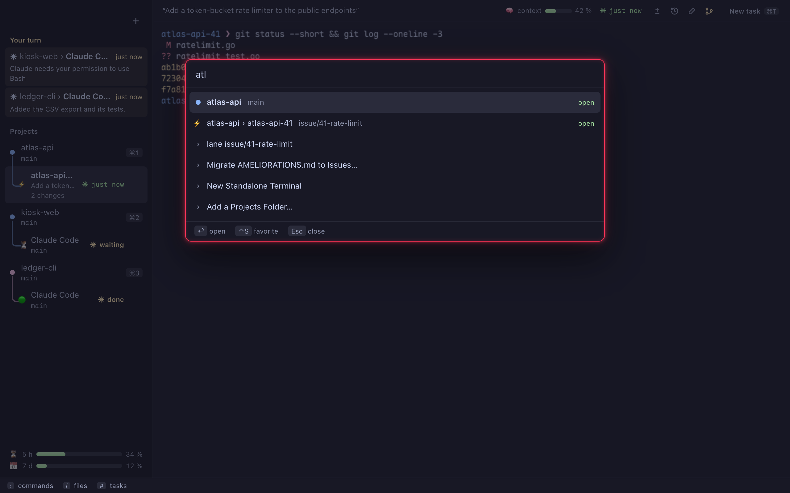 The palette open on “atl”: the atlas-api project, its lane, then the matching commands.