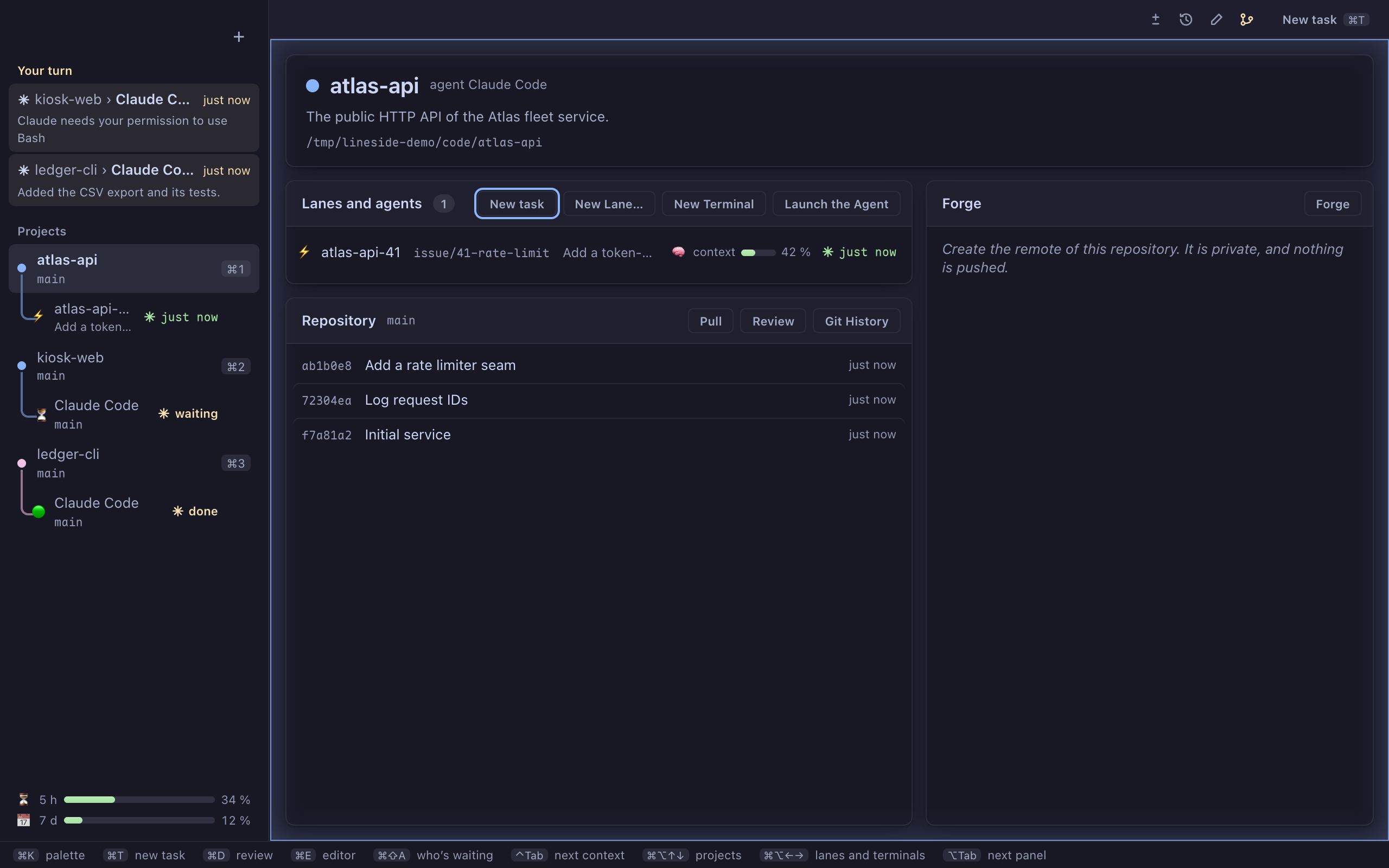 The Lineside window. On the left, the rail: three projects and a lane, each agent with its state, and Your turn at the top. On the right, the dashboard of atlas-api: its lane and agent, its last commits.