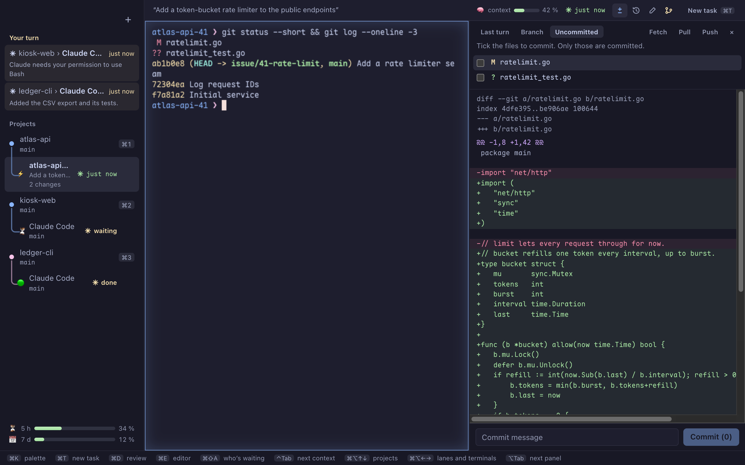 A lane’s terminal beside the review panel, which shows the uncommitted diff of ratelimit.go, the files to tick and the commit message field.